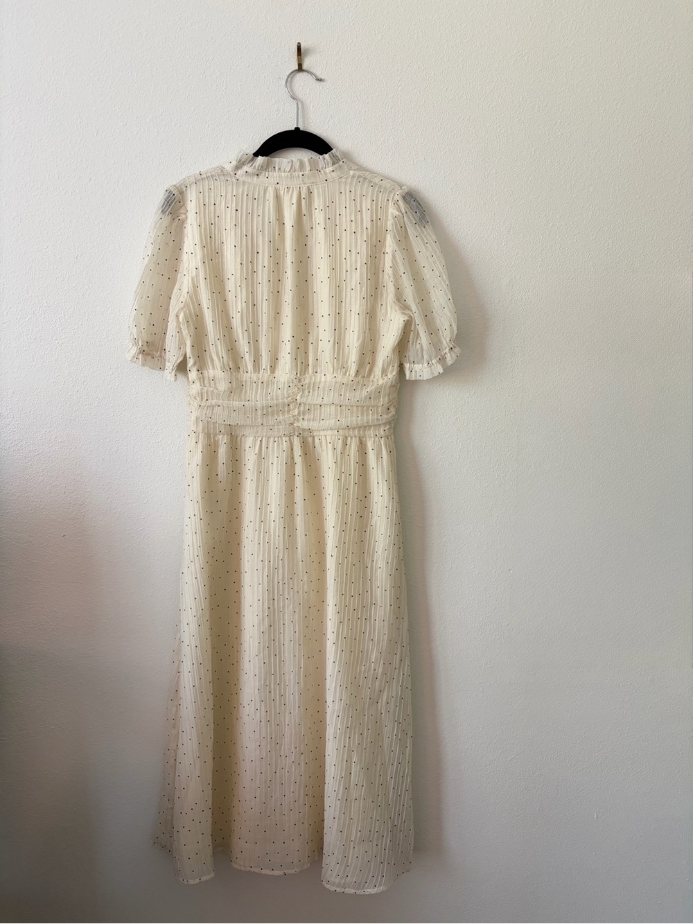 Cream Polka Dot Puff Sleeve Smocked Midi Dress Medium Boho Prairie Cottagecore - Picture 3 of 9